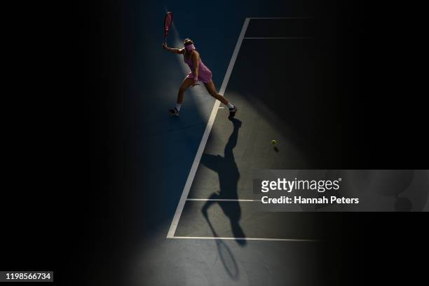 Eugenie Bouchard of Canada plays a forehand in her quarter final match against Amanda Anisimova of USA during day five of the 2020 Women's ASB...