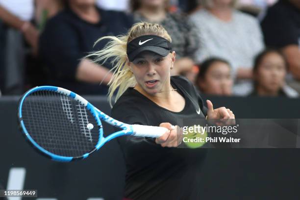 Amanda Anisimova of the USA plays a forehand during her quarterfinal match against Eugenie Bouchard of Canada during day five of the 2020 Women's ASB...