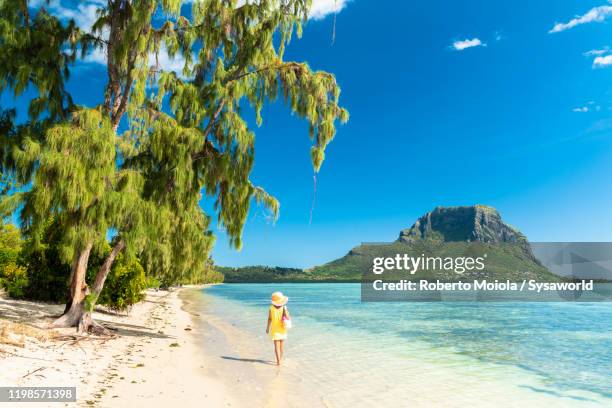 beautiful woman walking on white sand beach, indian ocean, mauritius - mauritius beach stock-fotos und bilder