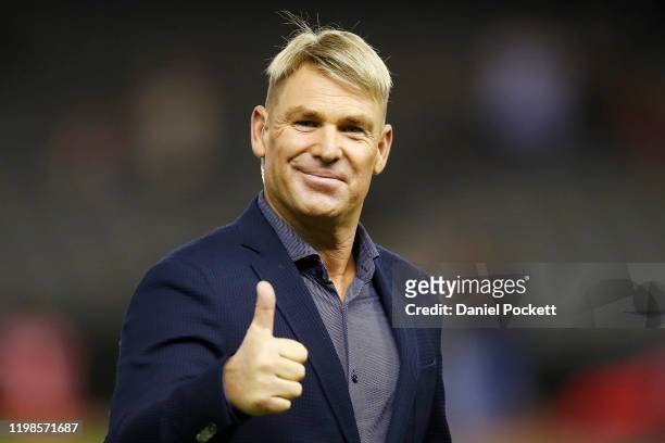 Shane Warne is seen ahead of the Big Bash League match between the Melbourne Renegades and the Melbourne Stars at Marvel Stadium on January 10, 2020...