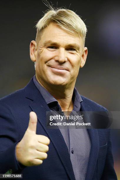 Shane Warne is seen ahead of the Big Bash League match between the Melbourne Renegades and the Melbourne Stars at Marvel Stadium on January 10, 2020...