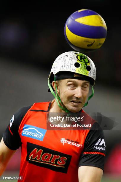 Shaun Marsh of the Renegades warms up wearing a helmet ahead of the Big Bash League match between the Melbourne Renegades and the Melbourne Stars at...