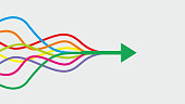 Vector illustration. Colorful lines intertwined in arrow. Dimensions 16:9.