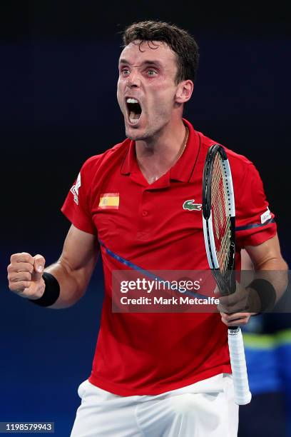 Roberto Bautista Agut of Spain celebrates winning a point during his quarter final singles match against Kimmer Coppejans of Belgium during day eight...