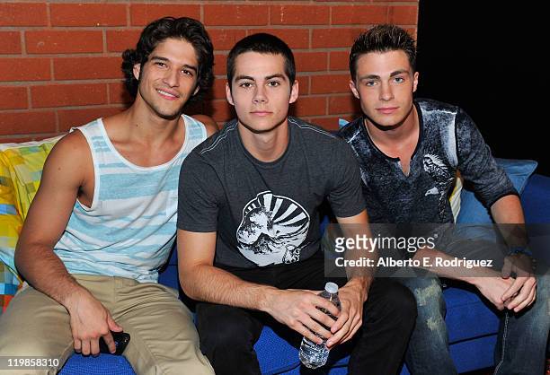 Actors Tyler Posey, Dylan O'Brien and Colton Haynes attend a live chat at Cambio Studios on July 25, 2011 in Hollywood, California.