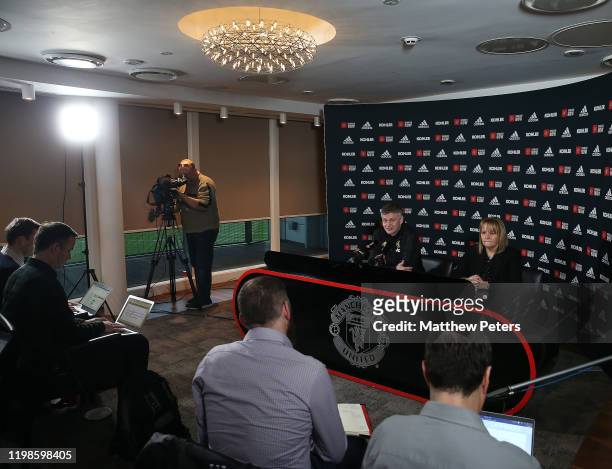 Manager Ole Gunnar Solskjaer of Manchester United speaks during a press conference at Aon Training Complex on January 10, 2020 in Manchester, England.