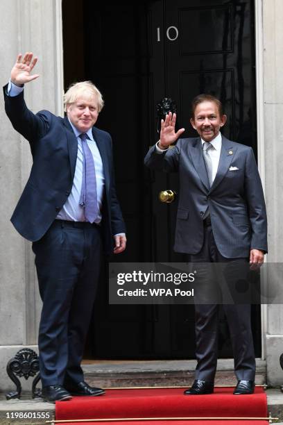 British Prime Minister Boris Johnson greets the Sultan of Brunei Hassanal Bolkiah during an official visit to Downing Street on February 04, 2020 in...