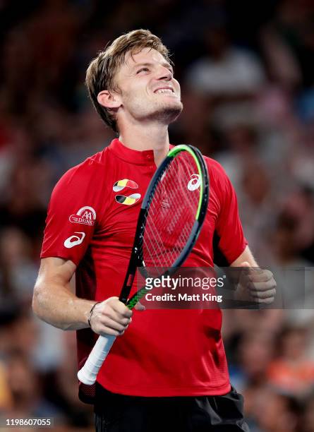 David Goffin of Belgium celebrates winning match point during his quarter final singles match against Rafael Nadal of Spain during day eight of the...