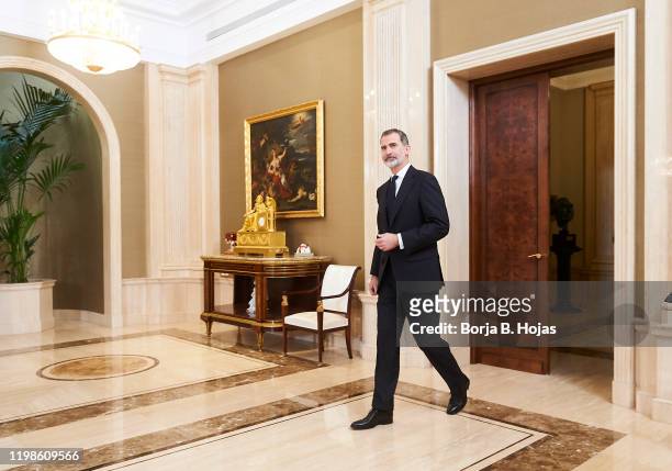 King Felipe VI of Spain receives executive committee of the Spanish Confederation of Metal Business Organizations at Zarzuela Palace on January 10,...