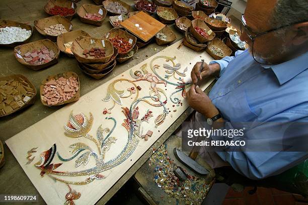 Mosaic tiles. L.A.M.A. Laboratorio Artigiano Mosaico Artistico of Ambrogio Zamparo. Montepulciano. Tuscany. Italy.