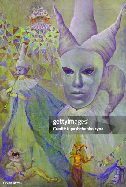 fashionable illustration surrealism people  work of art allegory  oil painting  rest  entertainment carnival  impressionism vertical portrait man face covered with a harlequin mask in a dress with a round  surrounded by many people in  carnival masks - harlequin stock illustrations