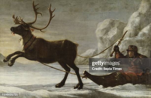 David Klocker Ehrenstrahl, Abraham Reenstierna, Reindeer with a sledge, Ren with ackja, painting, animal painting Oil, Height, 224 cm , Width, 348 cm...