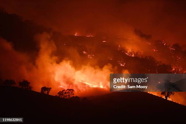 General view of the Dunn Road fire on January 10, 2020 in Mount Adrah, Australia. NSW is bracing for severe fire conditions, with high temperatures...