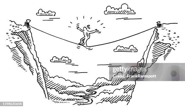 stockillustraties, clipart, cartoons en iconen met tightrope artist balancing over abyss tekening - ravijn