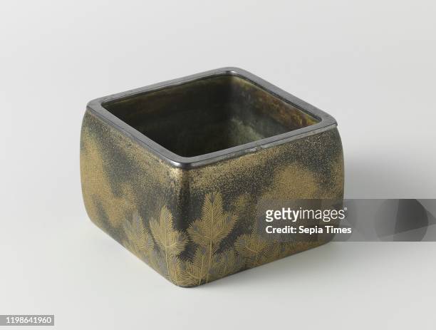 Incense Burner, The four slightly convex sides are decorated with pine branches and sprays in gold and silver against a black ground. Anonymous,...