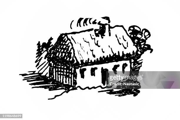 farm cottage house retro grunge - english farmhouse stock illustrations