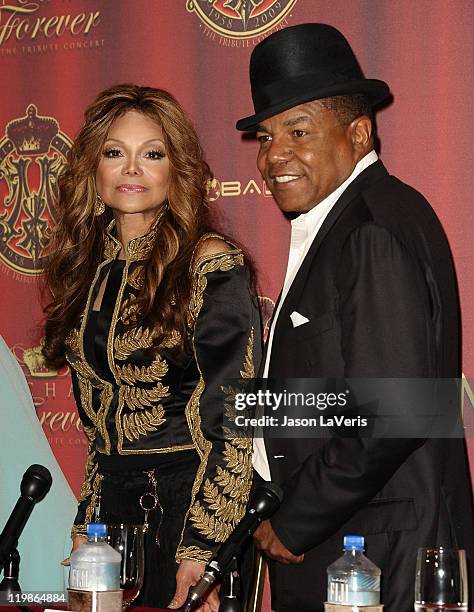 La Toya Jackson and Tito Jackson attend the Jackson Family press conference at Beverly Hills Hotel on July 25, 2011 in Beverly Hills, California.