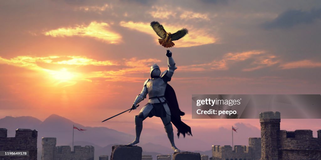 Armoured Knight Standing On Castle Roof With Bird Of Prey