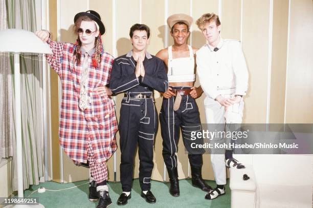 Culture Club in Tokyo, Japan, circa June 1983. L-R Boy George, Jon Moss, Mikey Craig, Roy Hay.