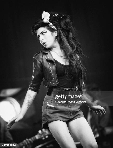 Amy Winehouse performs on the Main Stage at T in The Park on July 13, 2008 in Balado,Kinrosshire, Scotland.