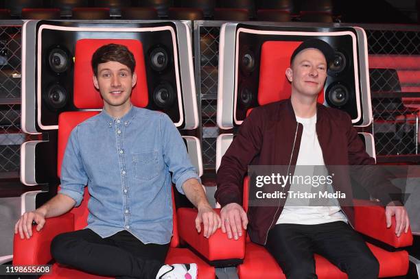 Lukas Nimscheck and Florian Sump of the band Deine Freunde attend the "The Voice Kids" judges photocall at Studio Adlershof on February 4, 2020 in...