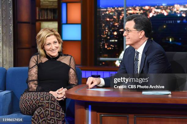 The Late Show with Stephen Colbert and guest Edie Falco during Friday's January 31, 2020 show.