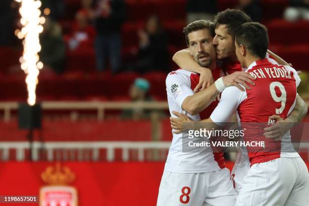 Monaco's Yugoslavian forward Stevan Jovetic celebrates with Monaco's French forward Wissam Ben Yedder and Monaco's Portuguese midfielder Adrien Silva...