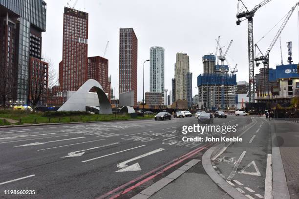 General view of completed and under construction residential apartment buildings along the Wandsworth Road A3036 and cycle lane on January 7, 2020 in...