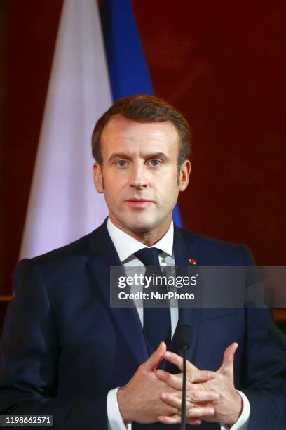 French President Emmanuel Macron gives a lecture at Jagiellonian University in Krakow, Poland on 4th February, 2020.