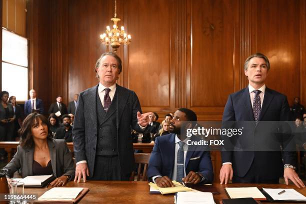 Megalyn Echikunwoke, Timothy Hutton, Mo McRae and guest star Daniel Cosgrove in the "Expectant AF" season finale episode of ALMOST FAMILY airing...