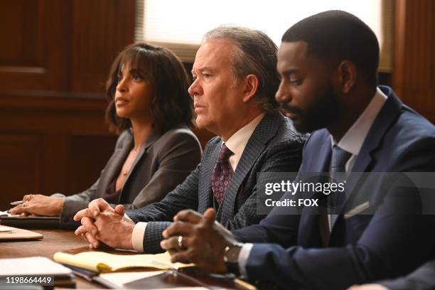 Megalyn Echikunwoke, Timothy Hutton and Mo McRae in the "Expectant AF" season finale episode of ALMOST FAMILY airing Wednesday, Jan. 29 on FOX.