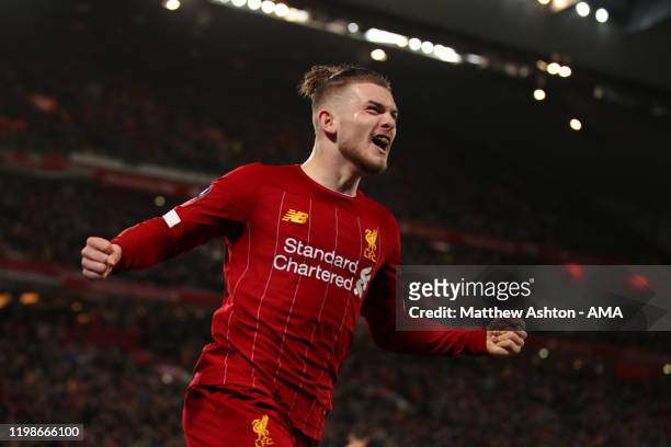Harvey Elliott of Liverpool celebrates after Ro-Shaun Williams of Shrewsbury Town scores an own goal to make it 1-0 during the FA Cup Fourth Round...
