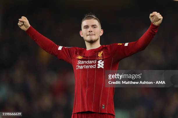 Harvey Elliott of Liverpool celebrates at full time during the FA Cup Fourth Round Replay match between Liverpool and Shrewsbury at Anfield on...