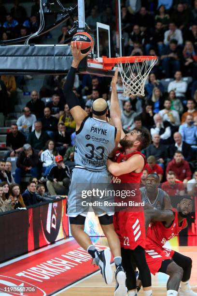 Adreian Payne, #33 of LDLC Asvel Villeurbanne and Danilo Barthel, #22 of FC Bayern Munich and Mathias Lessort, #26 of FC Bayern Munich and Tonye...