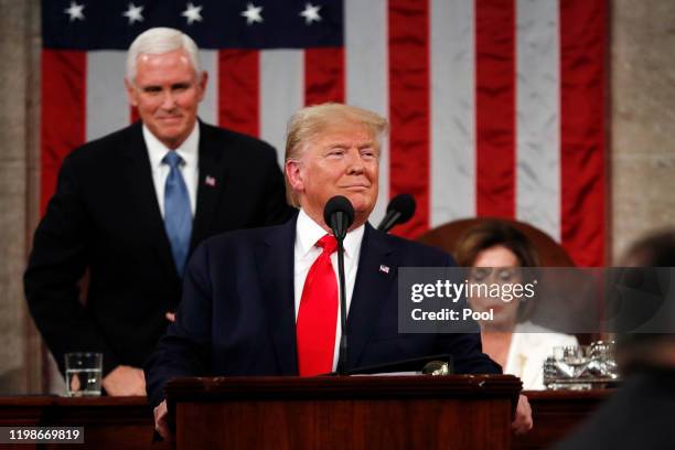 President Donald Trump arrives to deliver the State of the Union address in the House chamber on February 4, 2020 in Washington, DC. Trump is...