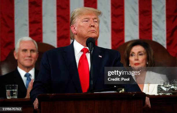 President Donald Trump delivers the State of the Union address in the House chamber on February 4, 2020 in Washington, DC. Trump is delivering his...
