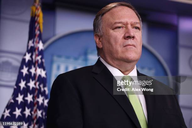 Secretary of State Mike Pompeo participates in a press briefing in the James S. Brady Press Briefing Room of the White House January 10, 2020 in...