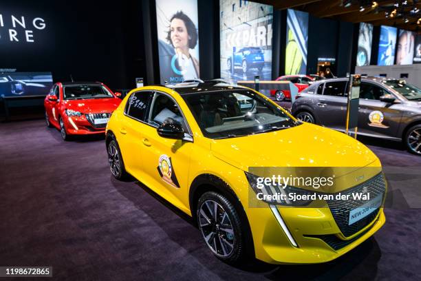 Peugeot 208 compact hatchback car on display at Brussels Expo on JANUARY 09, 2020 in Brussels, Belgium. The Peugeot 208 is available with various...