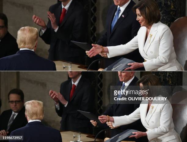This combination of pictures created on February 04, 2020 shows Speaker of the US House of Representatives Nancy Pelosi extending a hand to US...