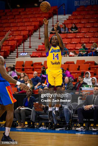 Marcus Allen of the South Bay Lakers shoots the ball against the Oklahoma City Blue during an NBA G-League game on February 4, 2020 at the Cox...