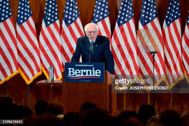 Presidential Candidate and US Senator Bernie Sanders gives his response to US President Donald Trump's State of the Union speech to a room of...