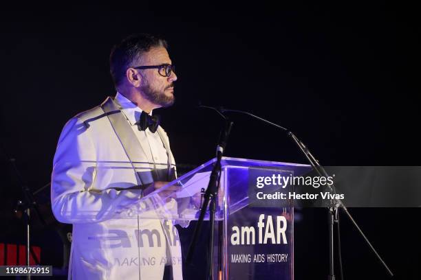 Eric Muscatell Vice President of Development of amfAR gives a speech during the amfAR Gala Mexico City 2020 on February 04, 2020 in Mexico City,...