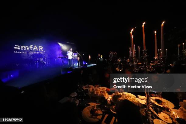 Eric Muscatell, Vice President of Development of amfAR delivers a speech during the amfAR Gala Mexico City 2020 on February 04, 2020 in Mexico City,...