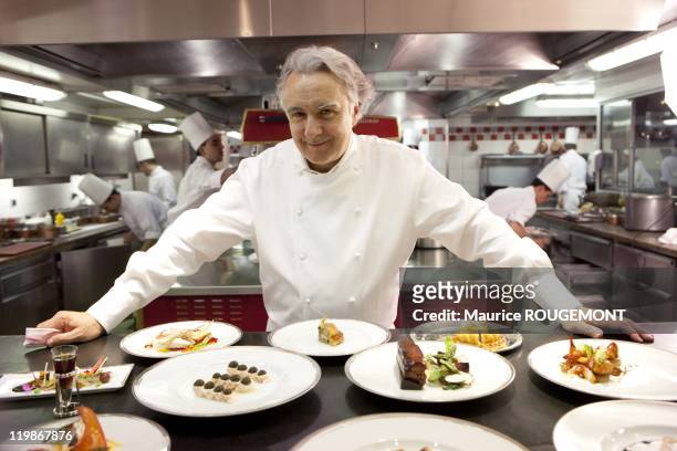 French Chef Alain Ducasse poses in Plaza Athenee Hotel on April 3 in Paris, France.