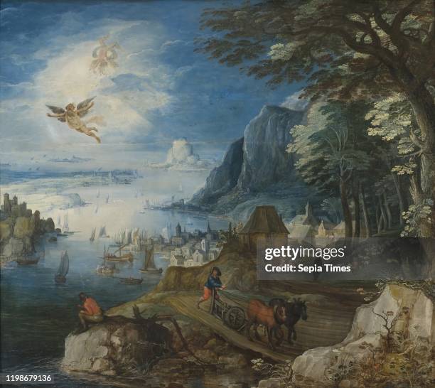 Joos de Momper, Landscape with the Fall of Icarus, Landscape with Ikaros fall, painting, landscape art, oil on panel, Height, 154 cm , Width, 173 cm .