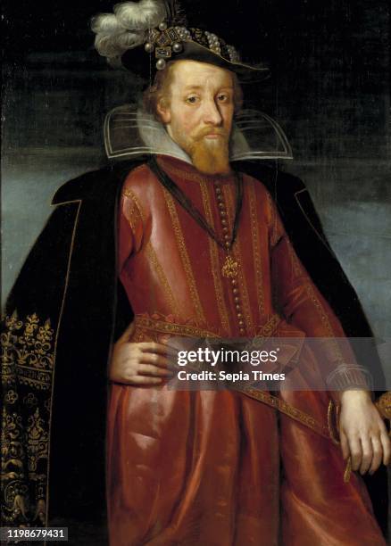 King Jakob in Stuart, James I, 1566-1625, King of England and Scotland, James I of England , painting, {oil on panel, Height, 115 cm , Width, 86 cm .