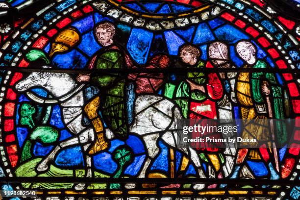 England, Kent, Canterbury, Canterbury Cathedral, Stained Glass Window depicting Pilgrims on the Way to Canterbury Cathedral, 30064418.