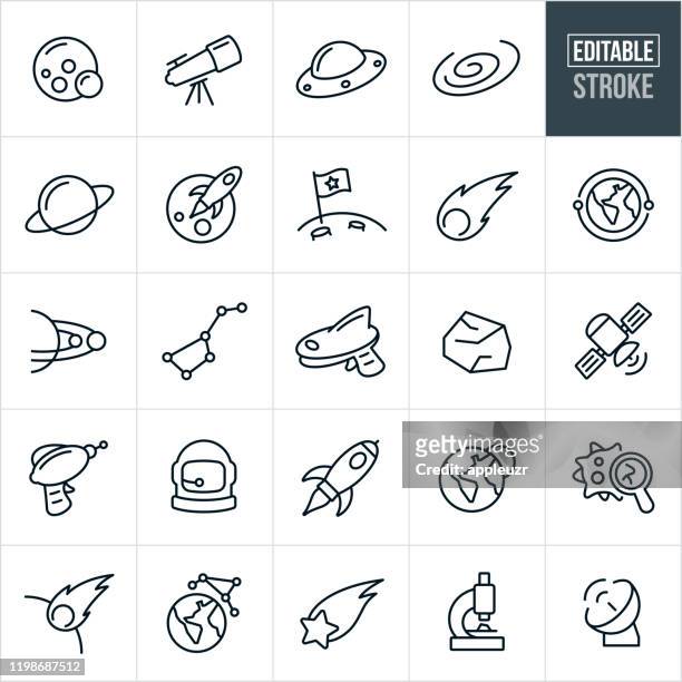 space thin line icons - bearbeitbarer strich - meteor weltall stock-grafiken, -clipart, -cartoons und -symbole