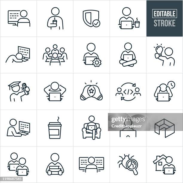 ilustraciones, imágenes clip art, dibujos animados e iconos de stock de iconos de línea delgada de programación de computadoras - trazo editable - tired