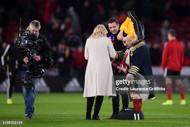 Sheffield United Mascot Captain Blade speaks with Presenters Gary Neville and Kelly Cates ahead of the Premier League match between Sheffield United...